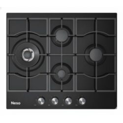 Neso 60cm Built-in Gas Hob, 4-Burner, Black Tempered Glass, Cast Iron Supports, Triple Burner & FFD Safety